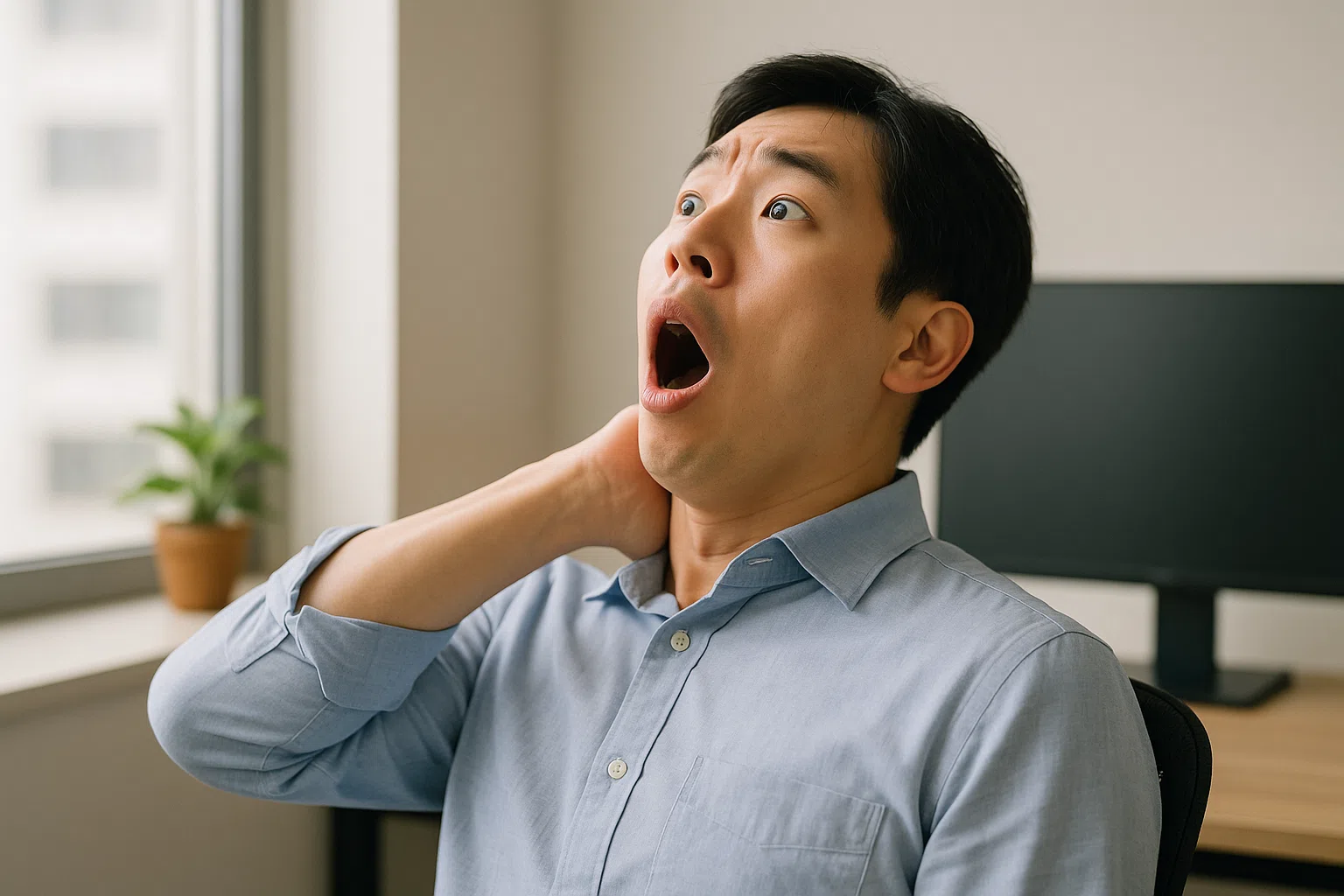 한국인 남성이 의자에 앉아 하품을 하며 고개를 뒤로 젖히는 순간, 목 뒤에서 ‘뚝’ 소리가 나는 듯 놀란 표정