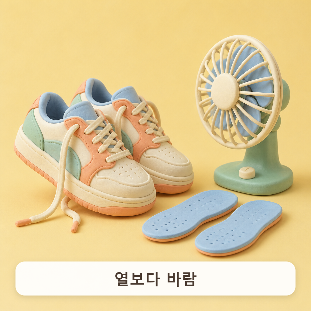 선풍기 바람 앞에 비스듬히 세워 둔 운동화