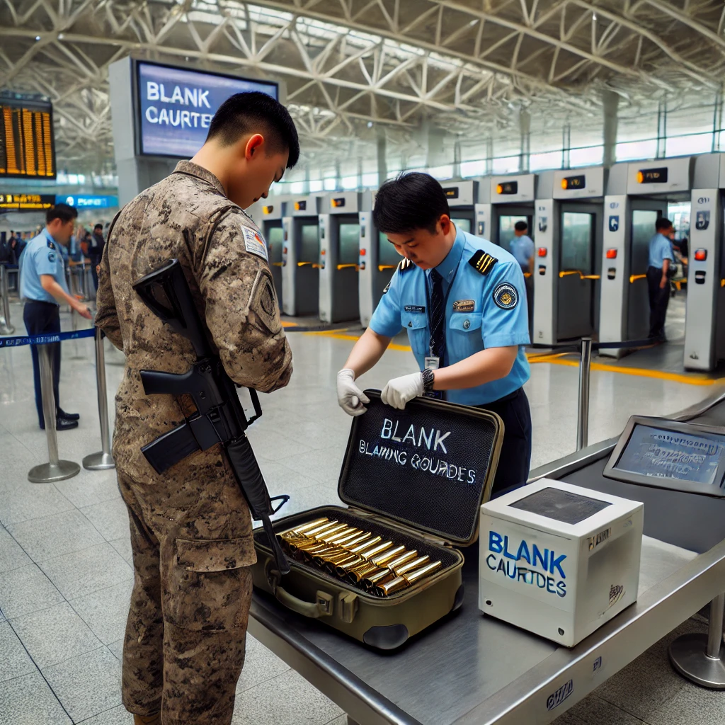 김포공항 검색대에서 군인이 공포탄 소지로 검사받는 장면