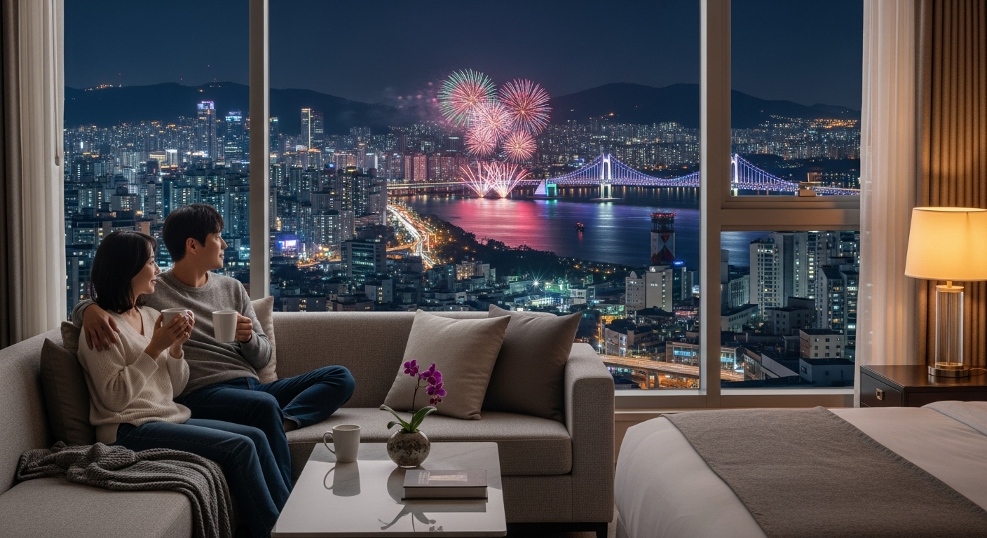 대전 엑스포다리의 불꽃축제가 멀리 보이는 고층 호텔 객실 창가에서, 따뜻한 음료를 마시며 편안하게 축제를 즐기는 커플의 모습. 아늑하고 고급스러운 분위기.