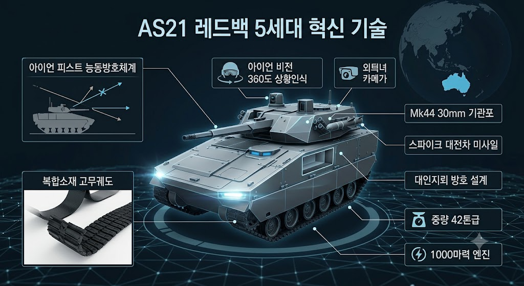 복합소재 고무궤도(CRT)와 아이언 피스트 능동방호체계(APS) 등 첨단 기술을 시각화한 그래픽 이미지