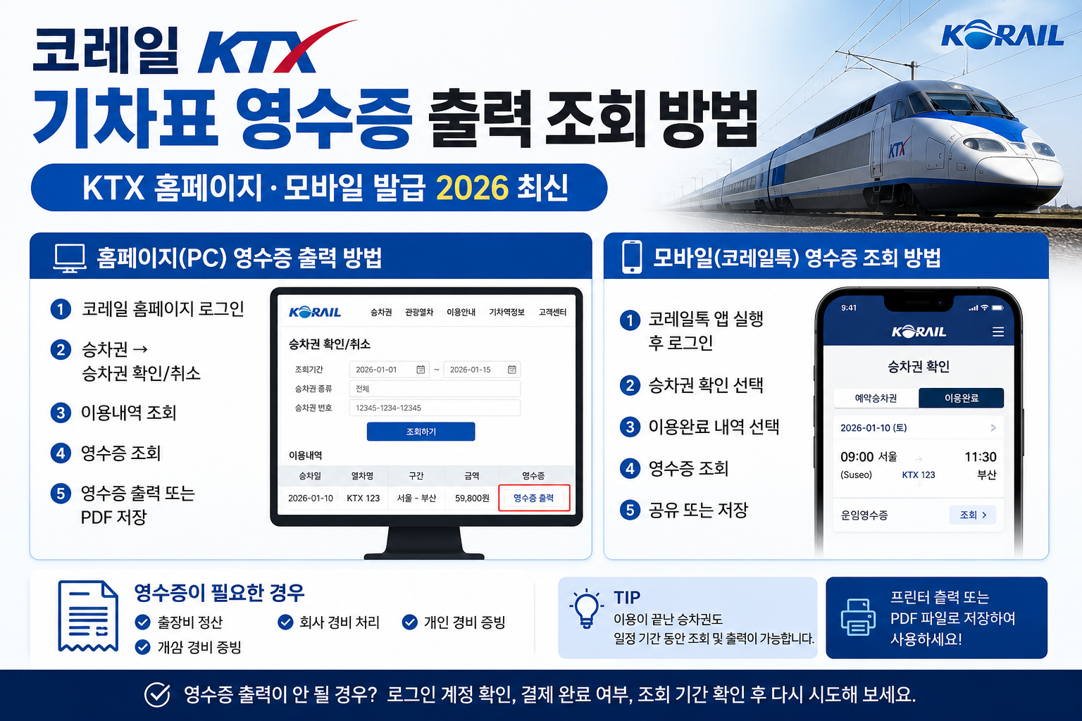 코레일 기차표 영수증 출력 조회 방법, KTX 홈페이지·모바일 발급 총정리