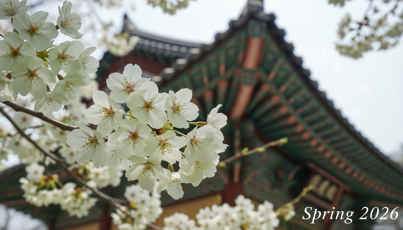 전통 사찰 지붕을 배경으로 피어난 희귀하고 신비로운 연초록색 청벚꽃