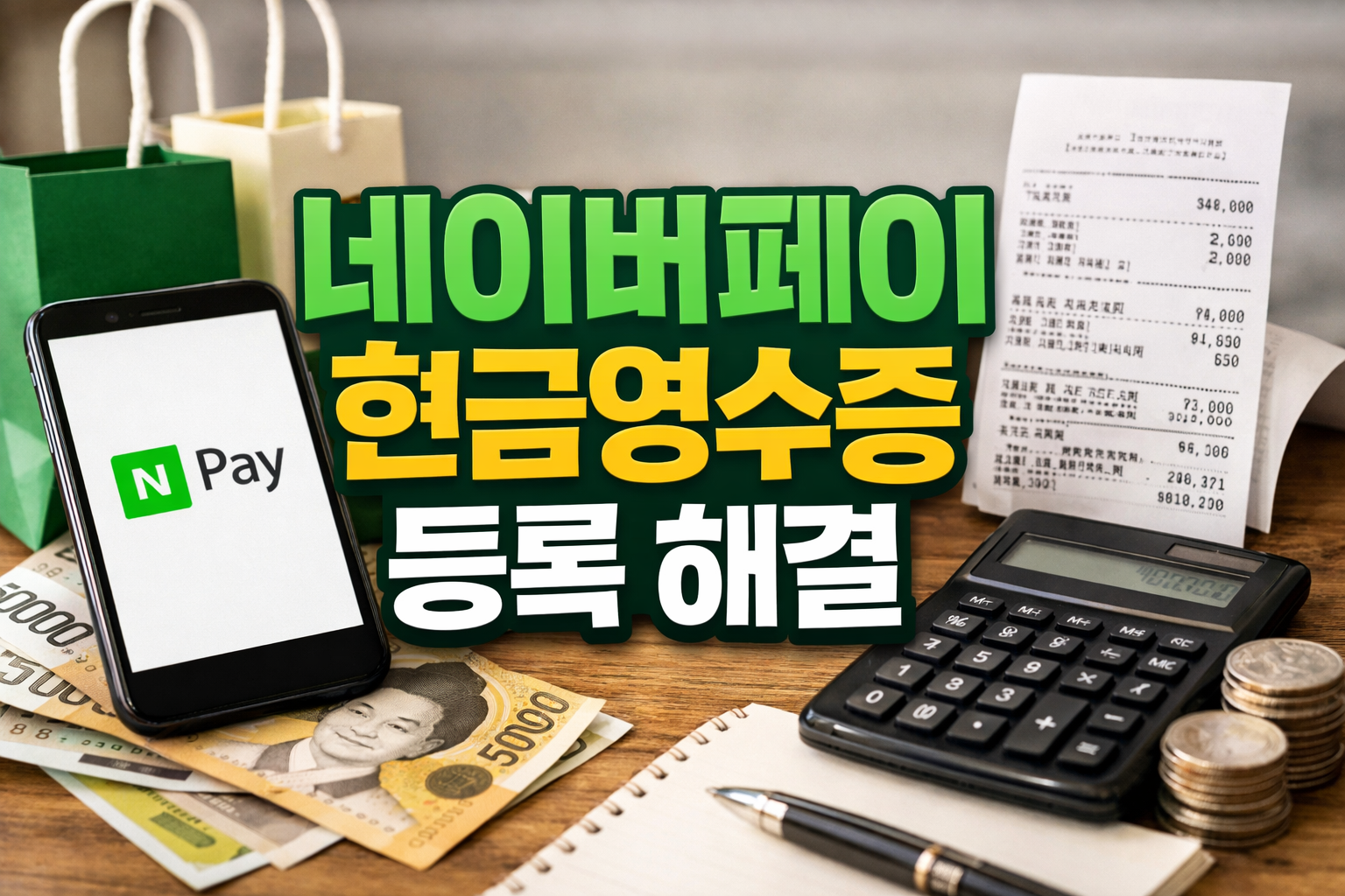 네이버페이 결제 화면과 영수증, 계산기가 함께 놓인 이미지로 현금영수증 누락 문제를 설명하는 썸네일