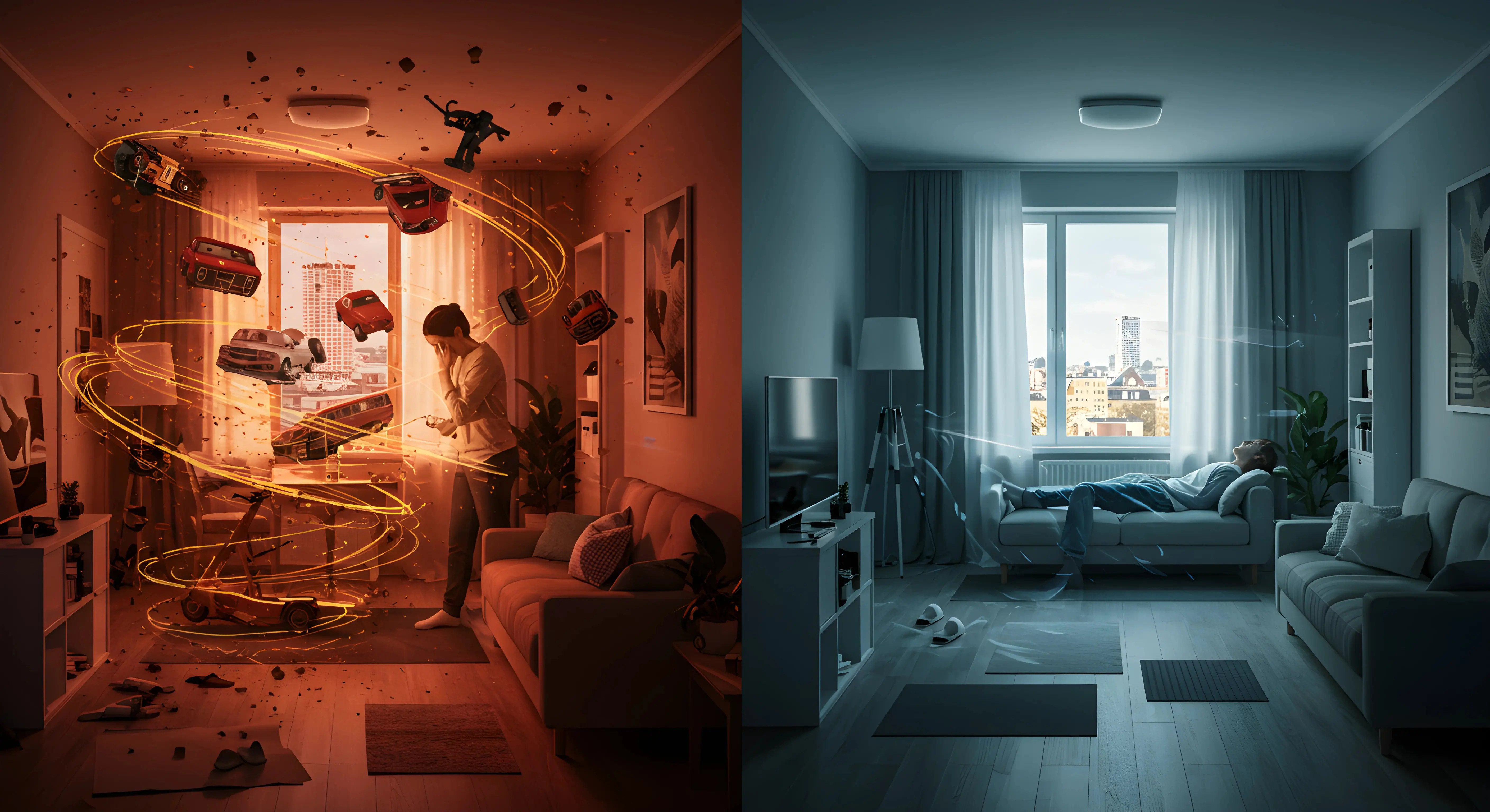 두 개의 대비되는 아파트 이미지. 왼쪽은 붉은 색조로 소음원(자동차, 건물 잔해)이 소용돌이치는 스트레스 가득한 공간과 불안한 표정의 거주자를 보여주고, 오른쪽은 푸른 색조로 방음 솔루션이 적용된 평화로운 공간에서 휴식 중인 같은 사람을 보여줍니다.