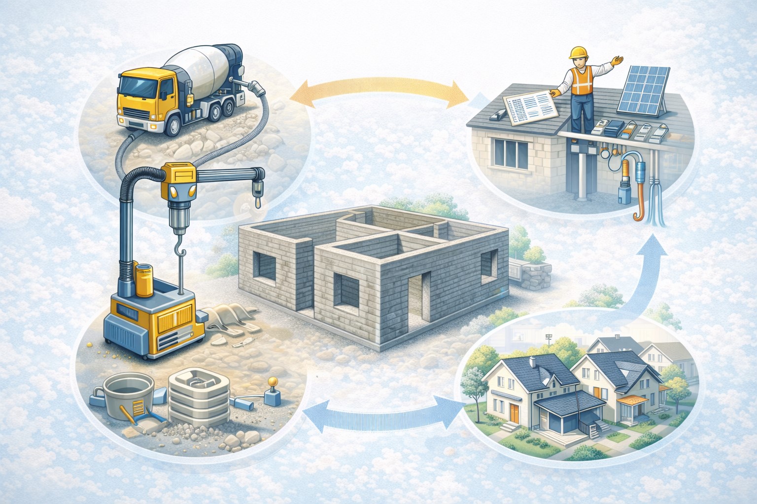 건축용 3D 프린팅 기술 현황을 주택 현장 장비 콘크리트 적층 과정을 아이콘으로 요약한 대표 다이어그램 이미지