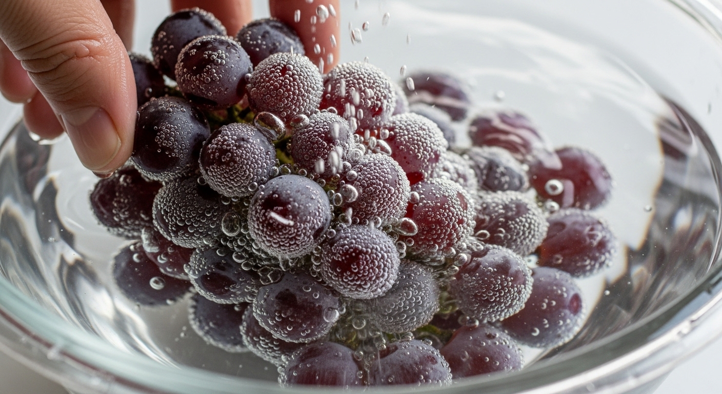 그릇에 담긴 포도를 손으로 살살 흔들어 이물질을 제거하는 모습
