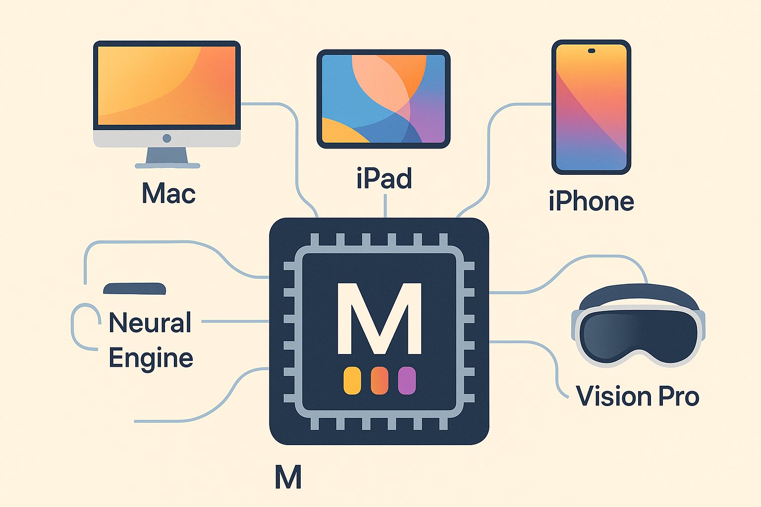 M칩과 통합 애플 생태계 시각화 애플 M칩 아키텍처 인포그래픽