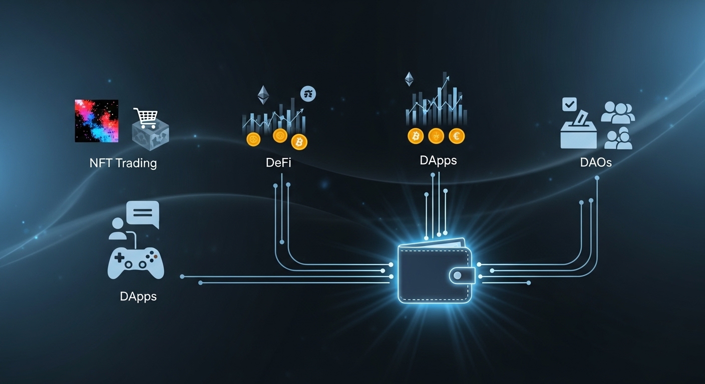 NFT, DeFi, DApp, DAO 활동이 웹 3.0 지갑을 중심으로 연결된 것을 시각적으로 표현한 추상적인 그림