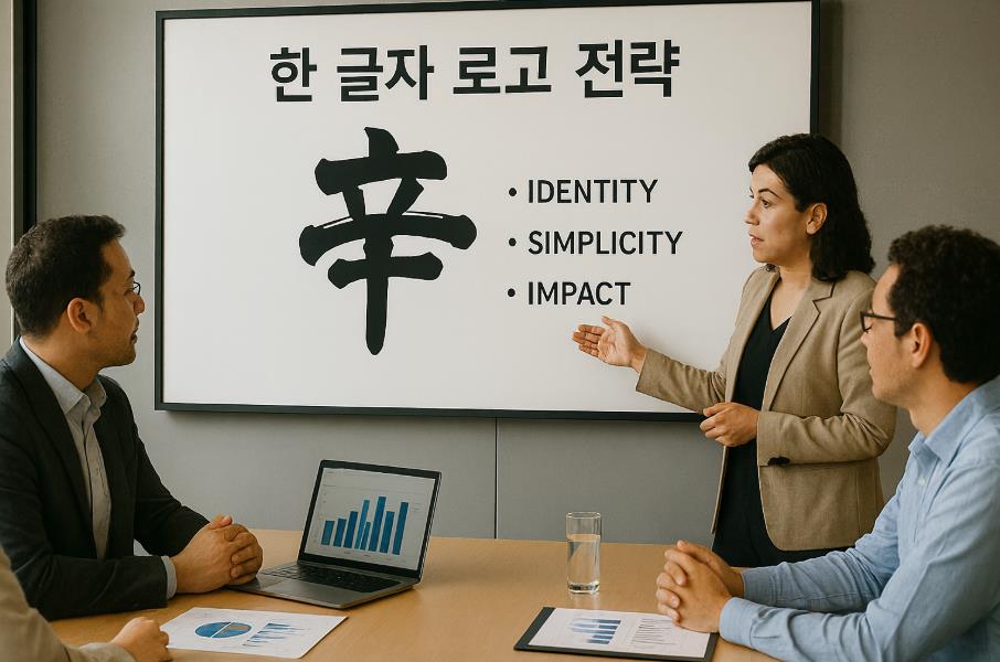 회의실에서 &lsquo;辛&rsquo; 로고 전략 분석 장면