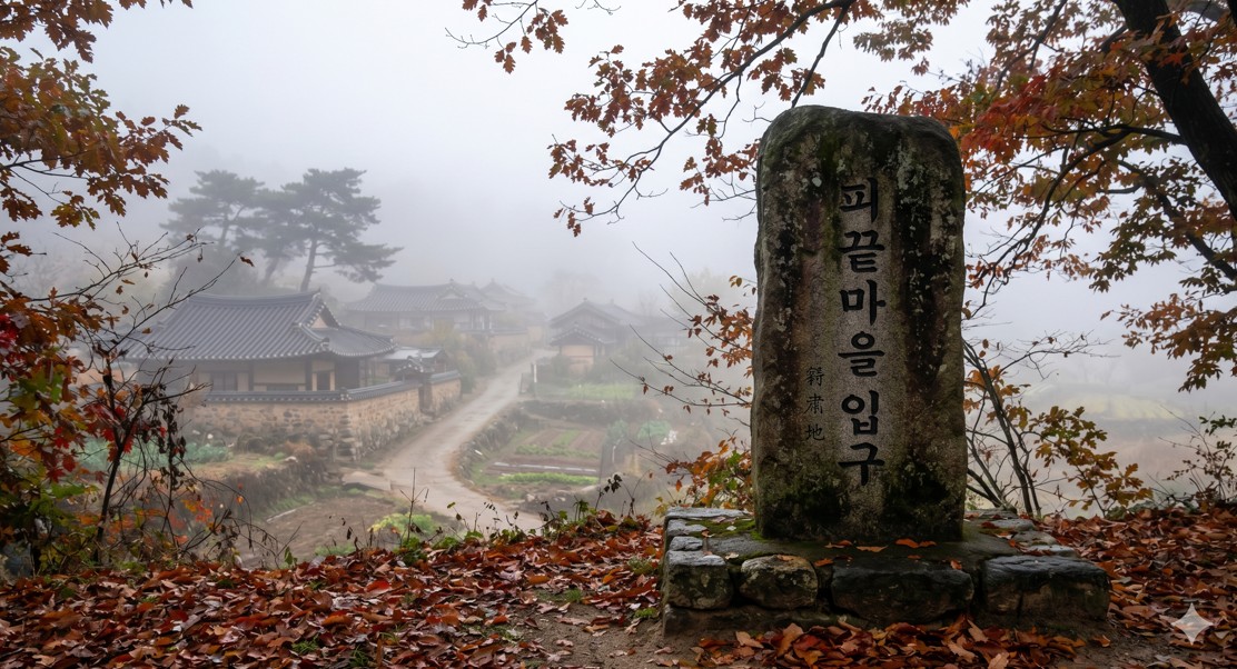 피끝마을 입구에 세워진 고즈넉한 비석과 가을 안개가 자욱한 마을 전경