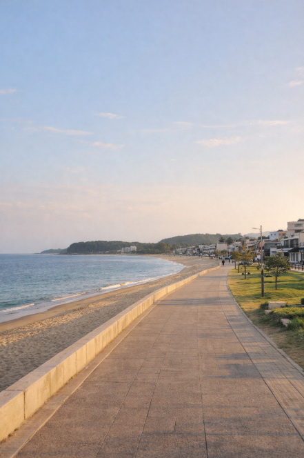 강릉 안목해변 산책길과 잔잔한 동해 바다의 늦은 오후 풍경