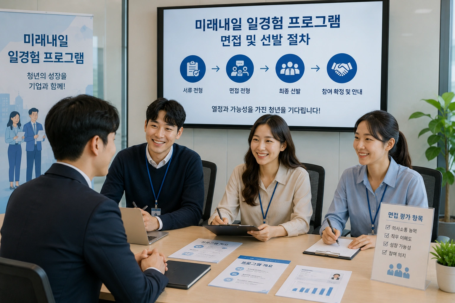 미래내일 일경험 프로그램 참여를 위해 청년이 면접관들과 인터뷰를 진행하는 모습