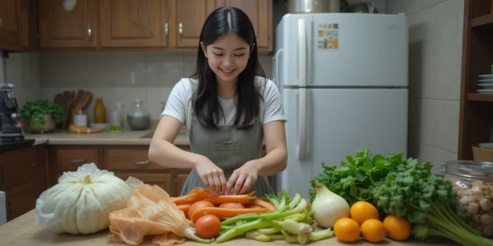 주방에서 상한 식재료와 신선한 식재료를 구분 정리하는 모습