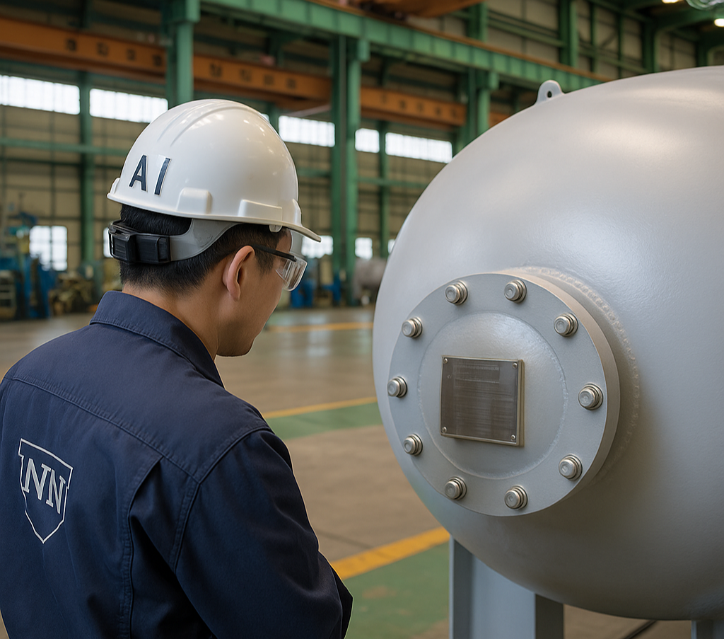 Authorized Inspector performing inspection of ASME pressure vessel in Korean manufacturing site