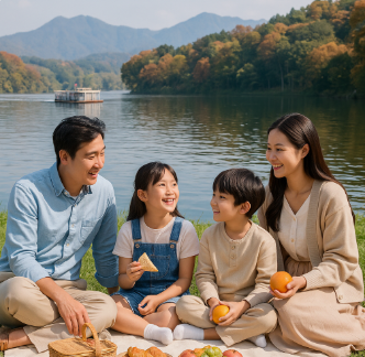 춘천 소양강 근처에서 피크닉을 즐기고 있는 가족 모습