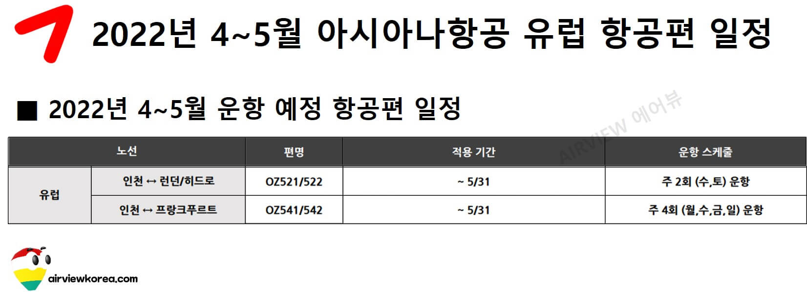 2022년 4월에서 5월까지 아시아나항공의 유럽 직항 노선 일정을 정리해 놓은 표