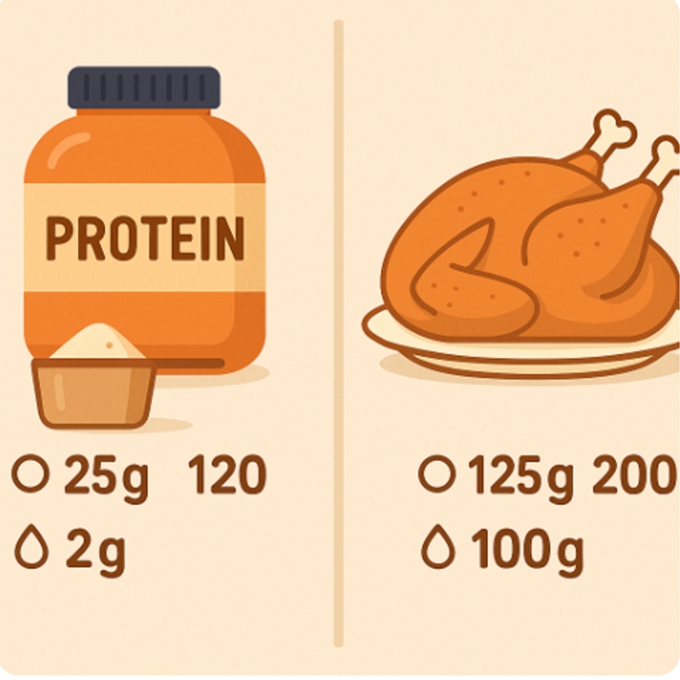 단백질 보충제 한 스쿱과 치킨 한 마리의 단백질&middot;칼로리&middot;지방을 비교한 인포그래픽. 왼쪽은 보충제(25g 단백질, 120kcal, 지방 2g), 오른쪽은 치킨(125g 단백질, 2000kcal, 지방 100g).