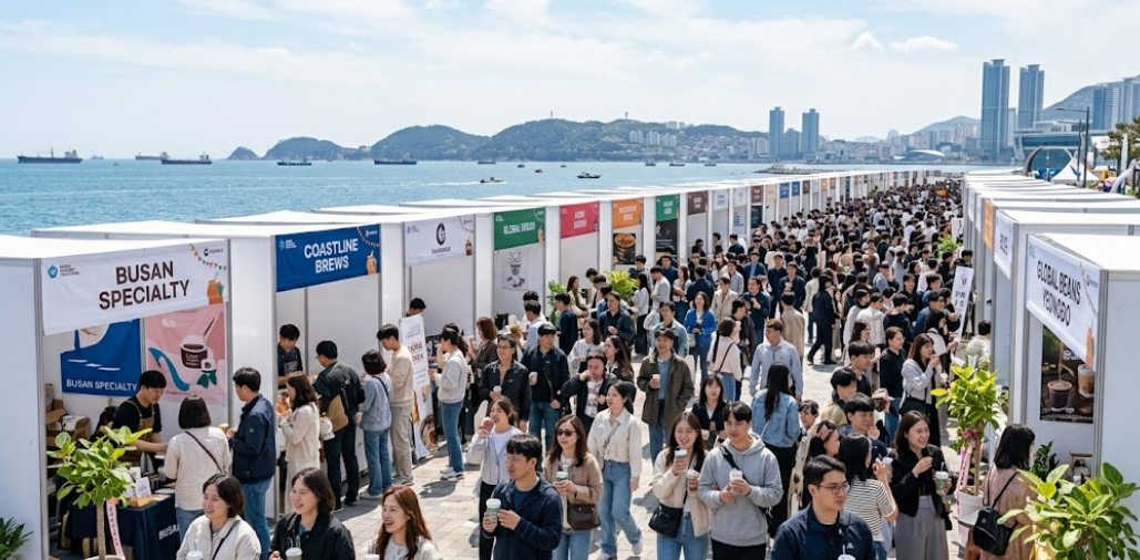푸른 바다가 보이는 영도 행사장 전경과 세련된 축제 부스들