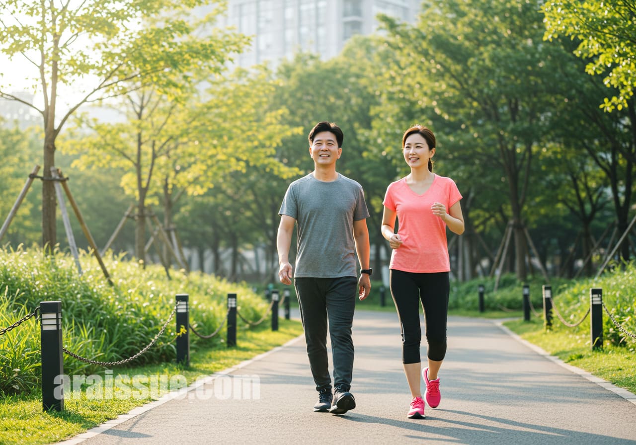 한국인 남녀가 아침 햇살 속에서 건강한 모습을 보이며 공원을 걷고 있습니다. 운동복 차림에 밝은 분위기, 예방적 삶을 실천하는 상징적인 장면입니다.