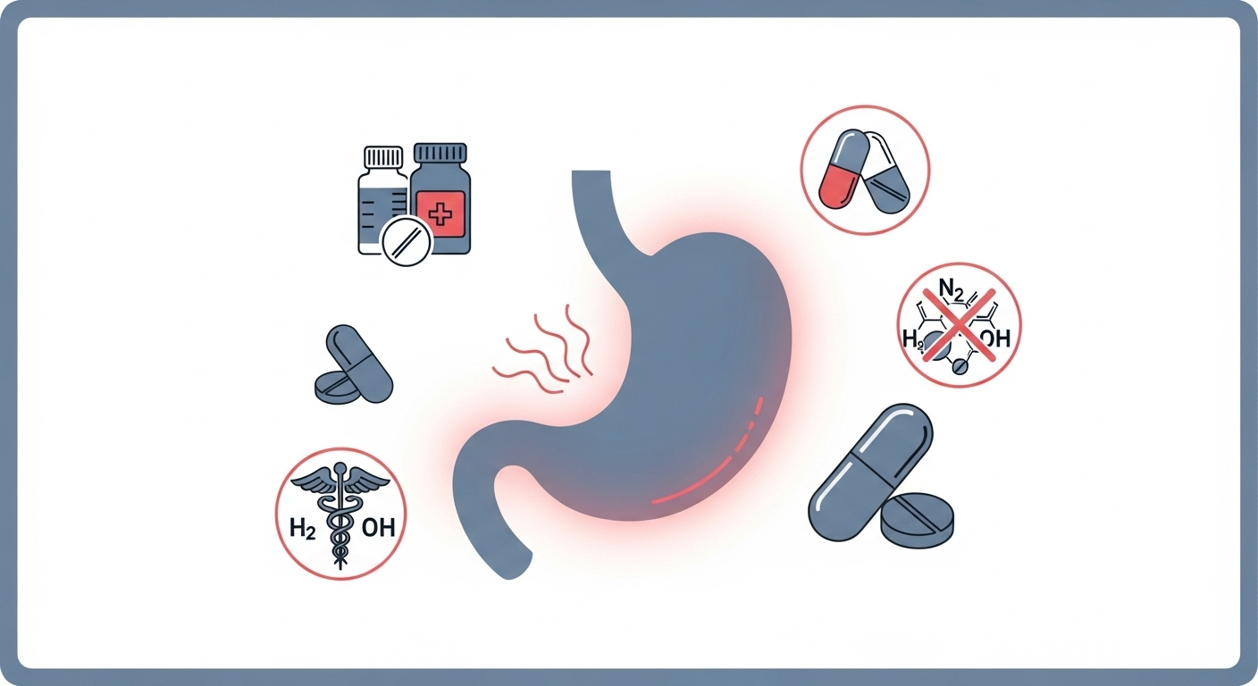 위장 불편을 나타내는 부드러운 이미지와 약물 상호작용을 상징하는 의료 아이콘이 함께 있는 경고 그림.