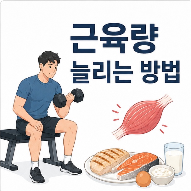 덤벨 근력운동과 단백질 식품을 함께 배치해 근육량을 늘리려면 운동과 영양 관리가 함께 필요함을 표현한 이미지