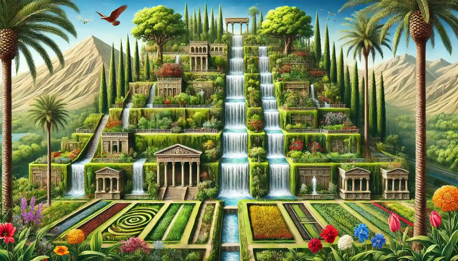 푸른 하늘 아래 바빌론의 공중정원과 풍성한 녹지