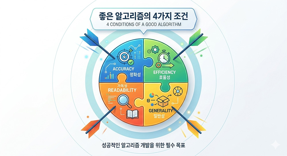 정확성, 효율성, 일반성, 가독성 4가지 키워드를 과녁이나 퍼즐 형태로 배치한 일러스트