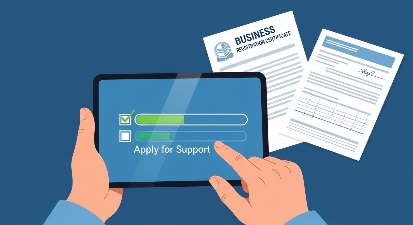 태블릿으로 소상공인 방송광고 지원금을 신청하는 모습의 일러스트