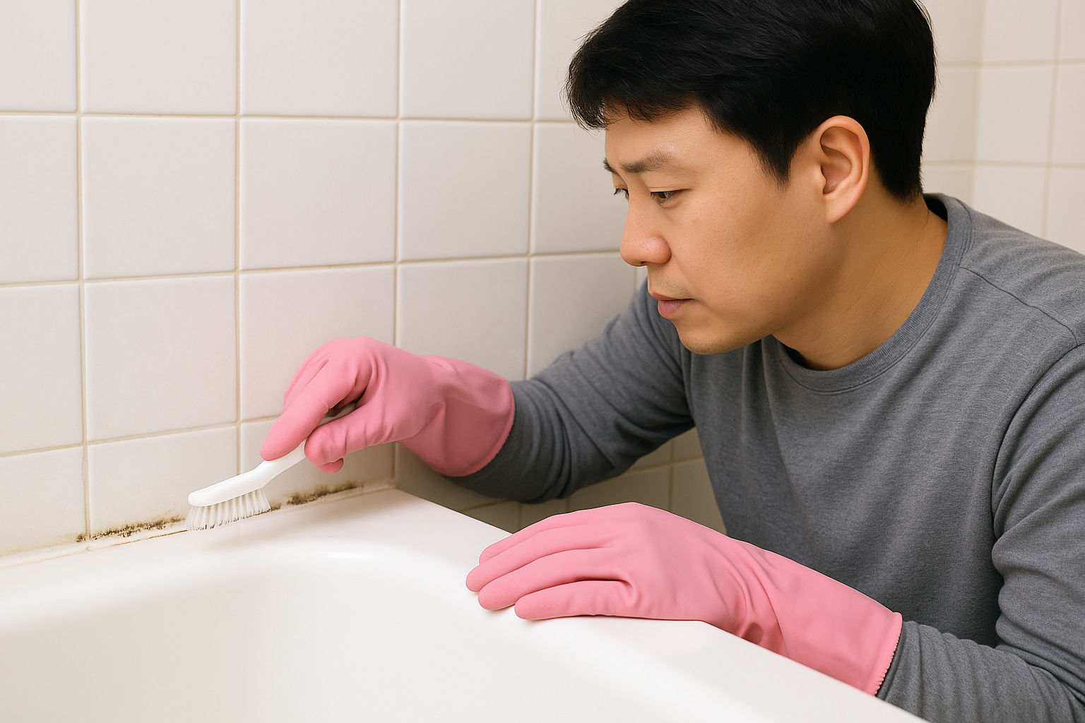 욕실 실리콘 줄눈 위 곰팡이를 제거 중인 사람