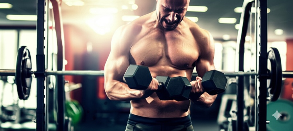 헬스장에서 역기를 드는 사람의 결의에 찬 표정