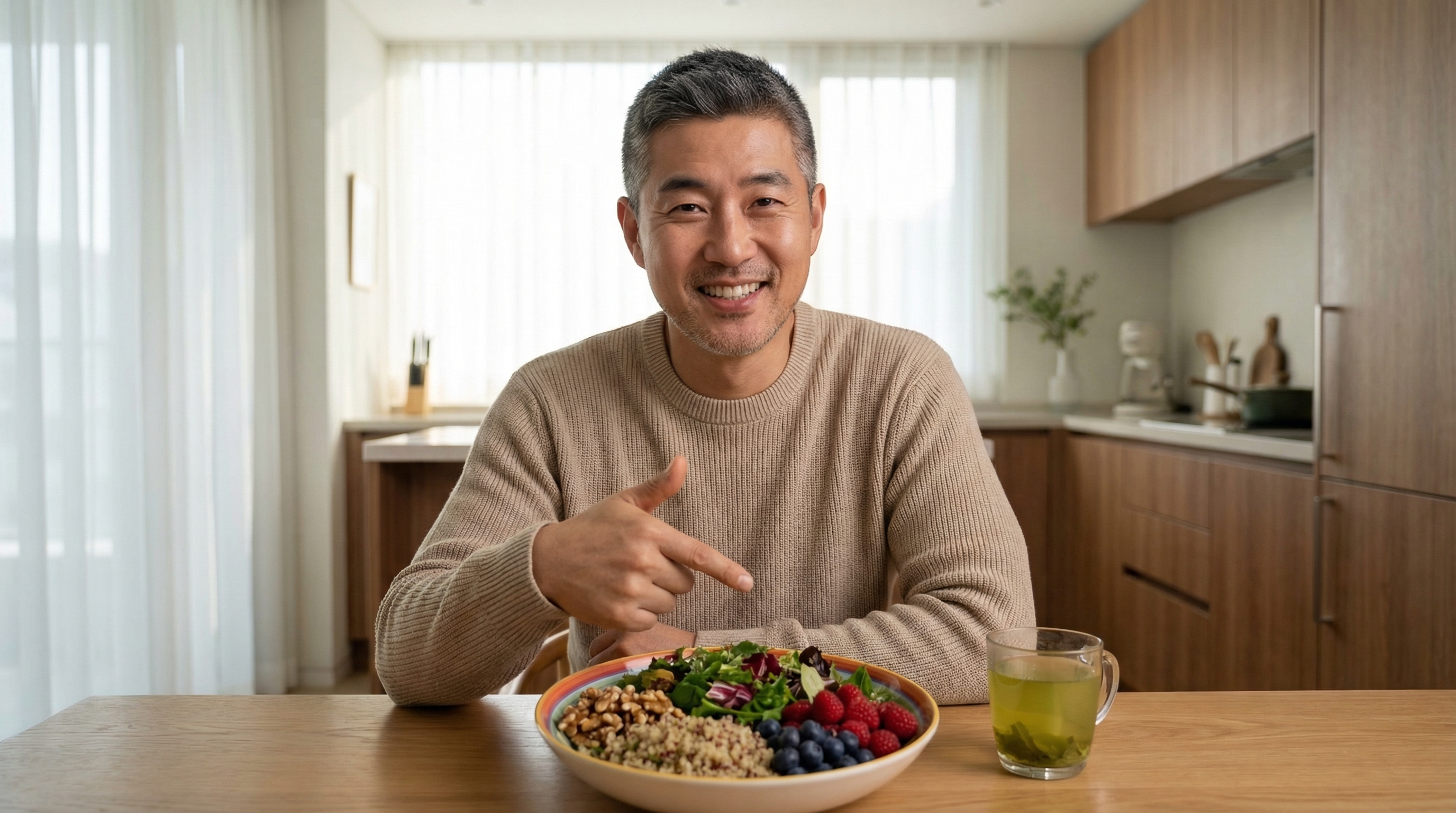 현대적인 주방에서 샐러드 식단을 먹으며 미소 짓는 40대 남성 사진