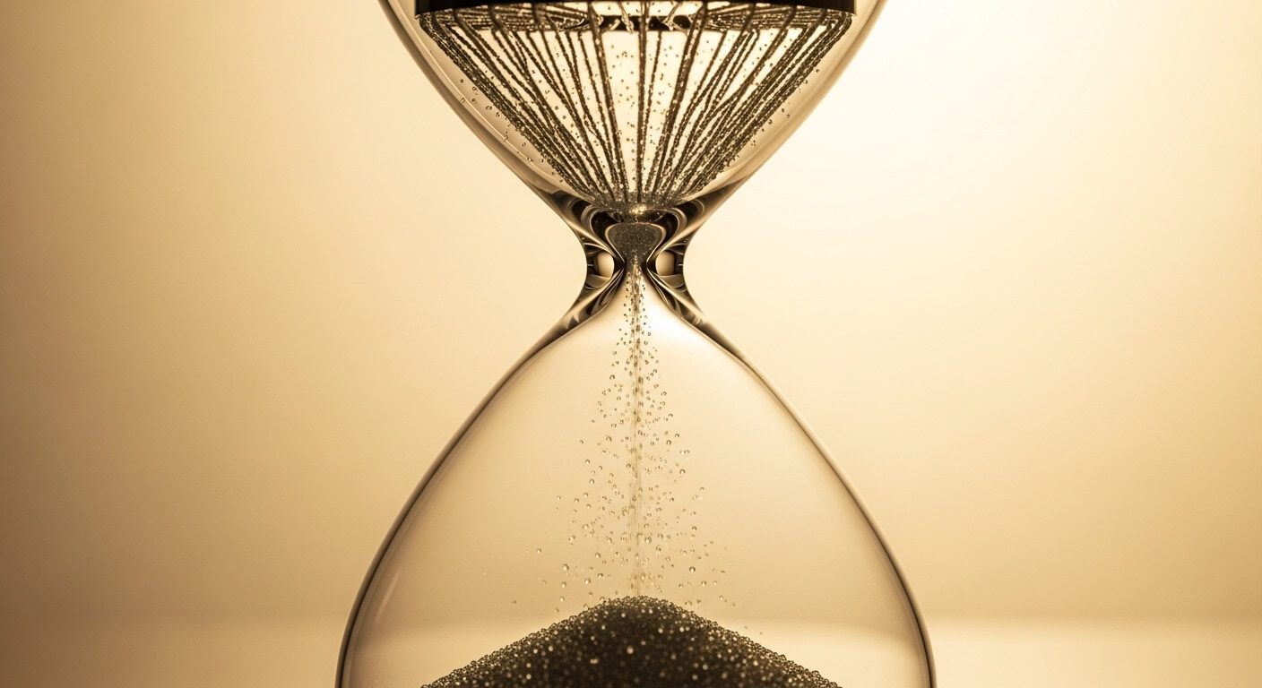 모래가 아래로 걸러지는 모래시계 이미지, 신장이 혈액을 여과하고 노폐물을 걸러내는 기능을 상징하는 장면
