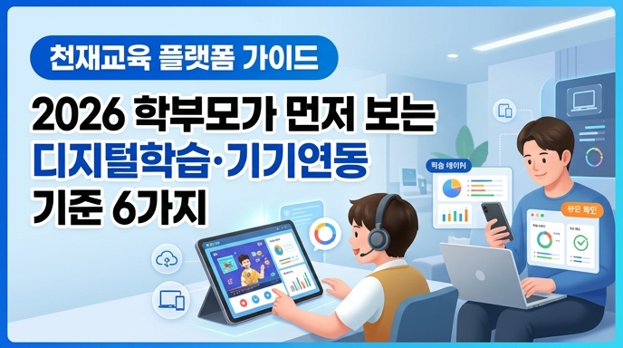 "천재교육 플랫폼 가이드: 2026년 학부모 필수 디지털 학습·기기연동 기준 6가지"라는 제목의 텍스트가 상단에 배치되고, 그 아래로 태블릿, 스마트폰, 노트북을 활용해 디지털 학습 중인 학생과 부모의 모습이 담긴 미래지향적인 일러스트레이션.