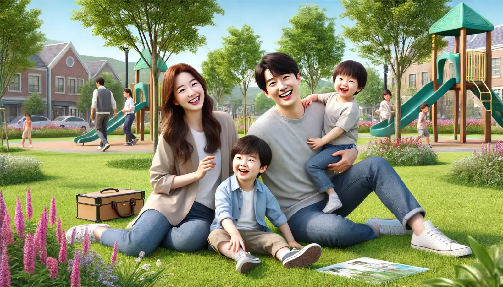 가족이 공원에서 즐거운 시간을 보내는 모습