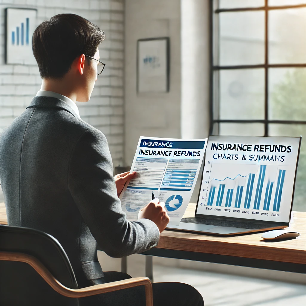 사무실에서 책상에 앉아 보험 환급 관련 문서를 검토하는 한국 사람, 노트북 화면에는 보험 차트와 요약 정보가 표시되어 있음