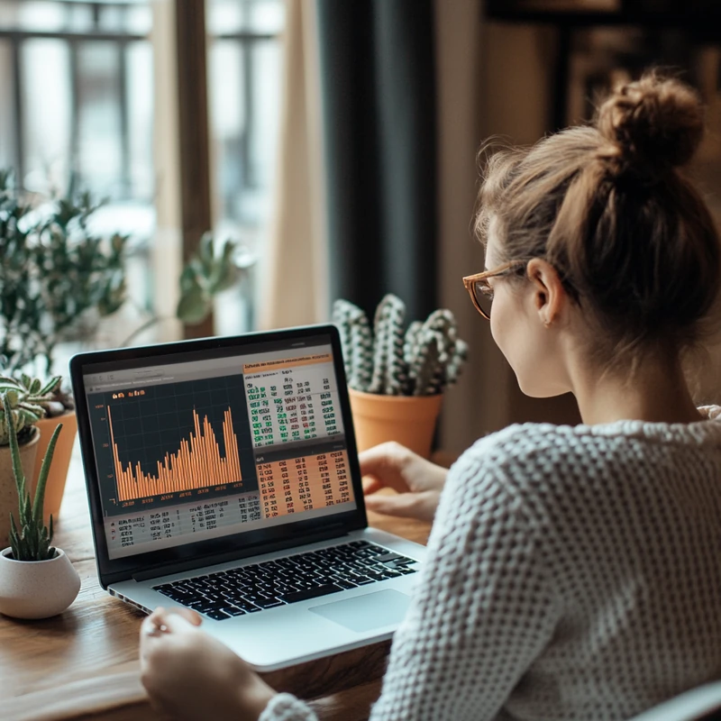 미국 ETF 수익률 차트를 노트북으로 확인하는 사회초년생의 모습으로, 안정적인 투자 정보와 초보 투자자의 관심이 조화를 이루며 최신 미국 ETF 순위와 트렌드를 직관적으로 보여줍니다.