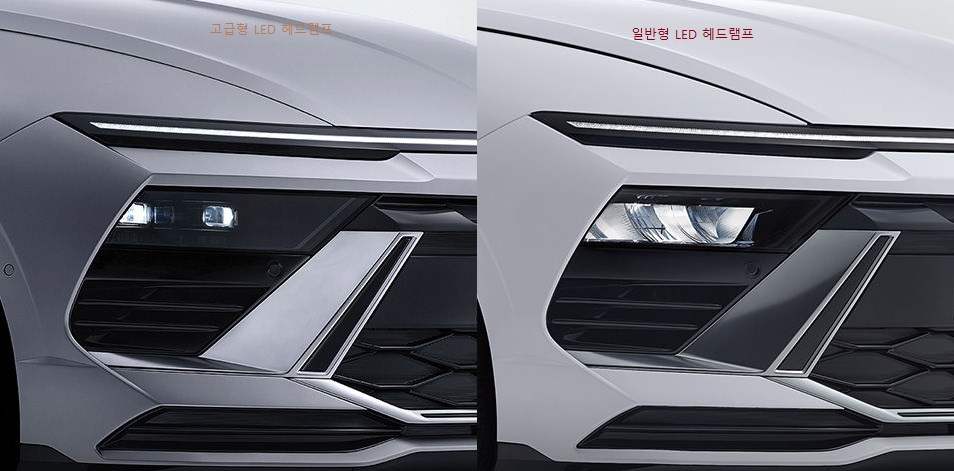쏘나타 디엣지 헤드램프 비교 사진 좌) 고급형 LED 헤드램프(프로젝션 타입), 우) 일반형 LED헤드램프(MFR 타입)