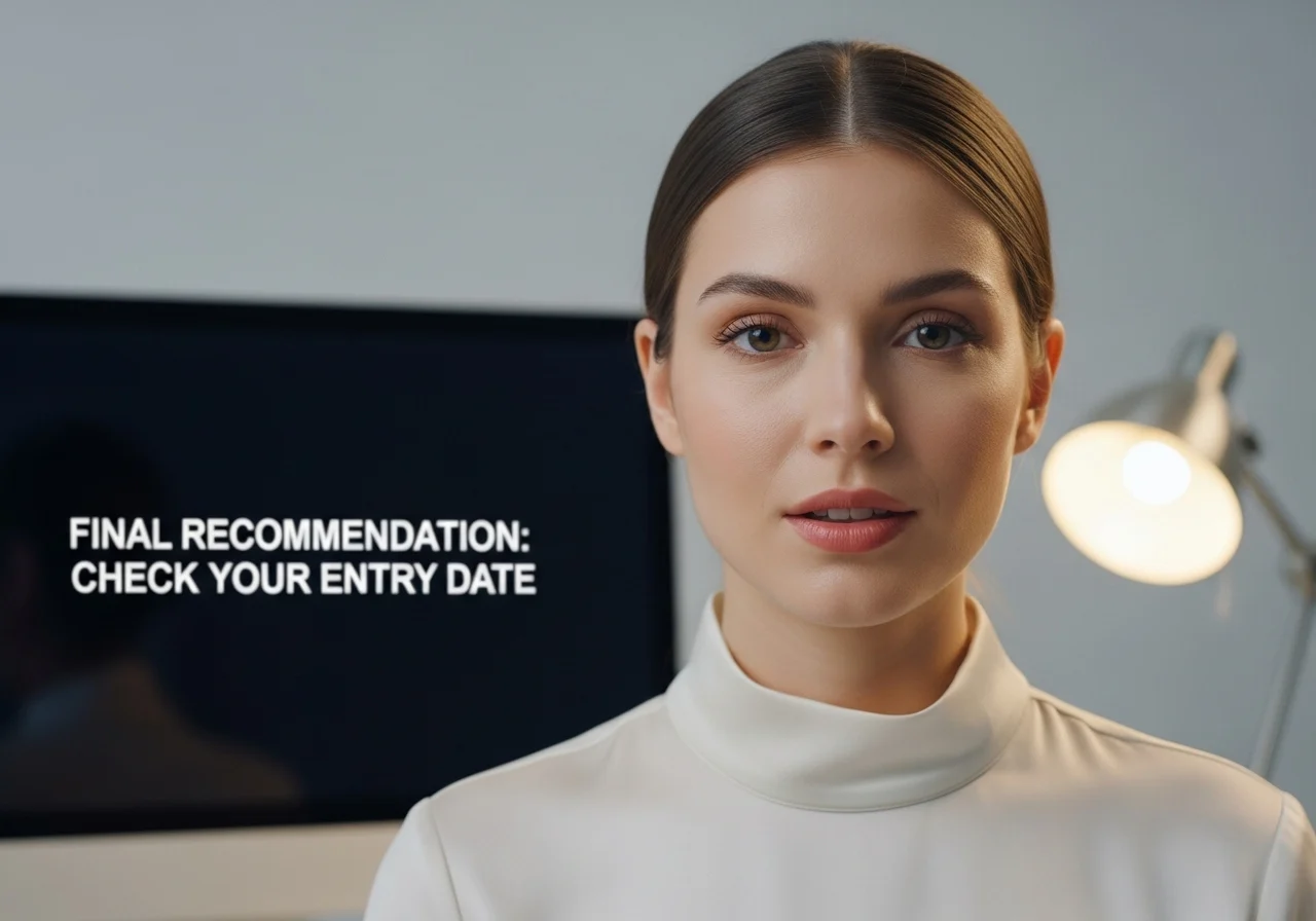 젊은 서양인 여성이 자신의 오피스에서 화상 회의를 하며, &quot;FINAL RECOMMENDATION: CHECK YOUR ENTRY DATE&quot;라는 핵심 메시지를 전달하고 있다