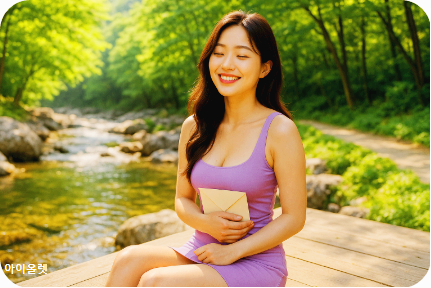 편지를 품에 안은 여주인공의 미소