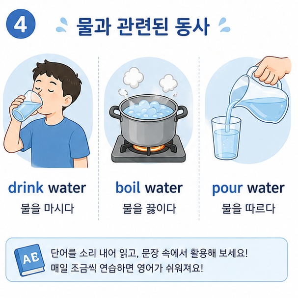 물을 마시다 drink water, 물을 끓이다 boil water, 물을 따르다 pour water 표현을 행동과 함께 보여주는 그림