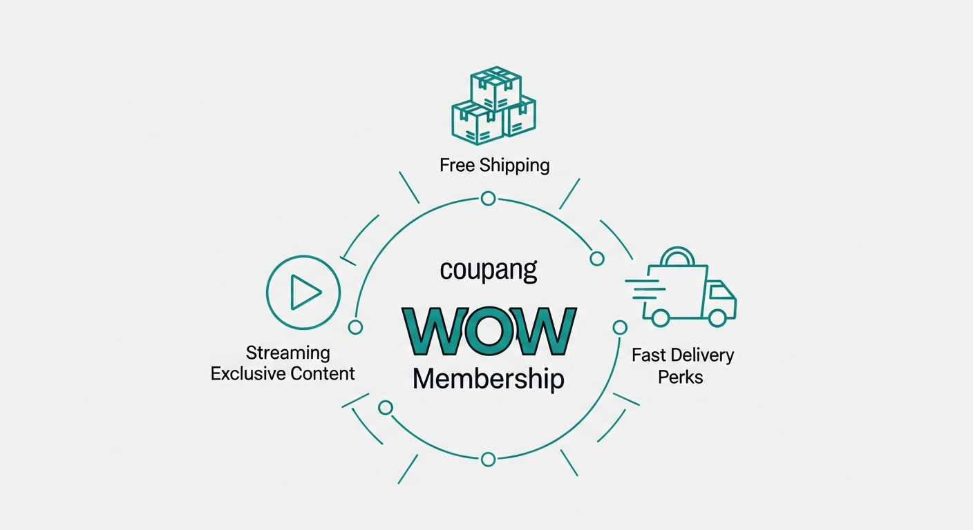 쿠팡 와우 멤버십의 다양한 혜택(무료 배송, 쿠팡플레이, 무료 배달)이 방사형으로 퍼져나가는 인포그래픽 이미지.