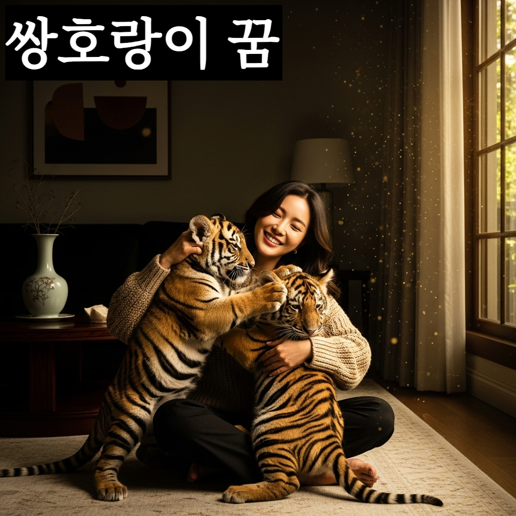 따뜻한 햇살 아래 한국 여성이 줄무늬 새끼 호랑이 두 마리를 품에 안고 행복하게 웃는 모습의 신비로운 일러스트