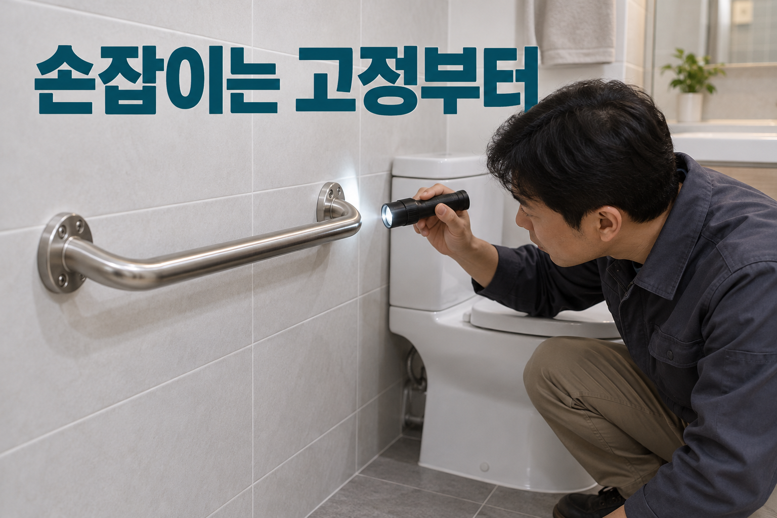 변기 옆 고정형 손잡이와 벽 고정부를 살피는 전문가