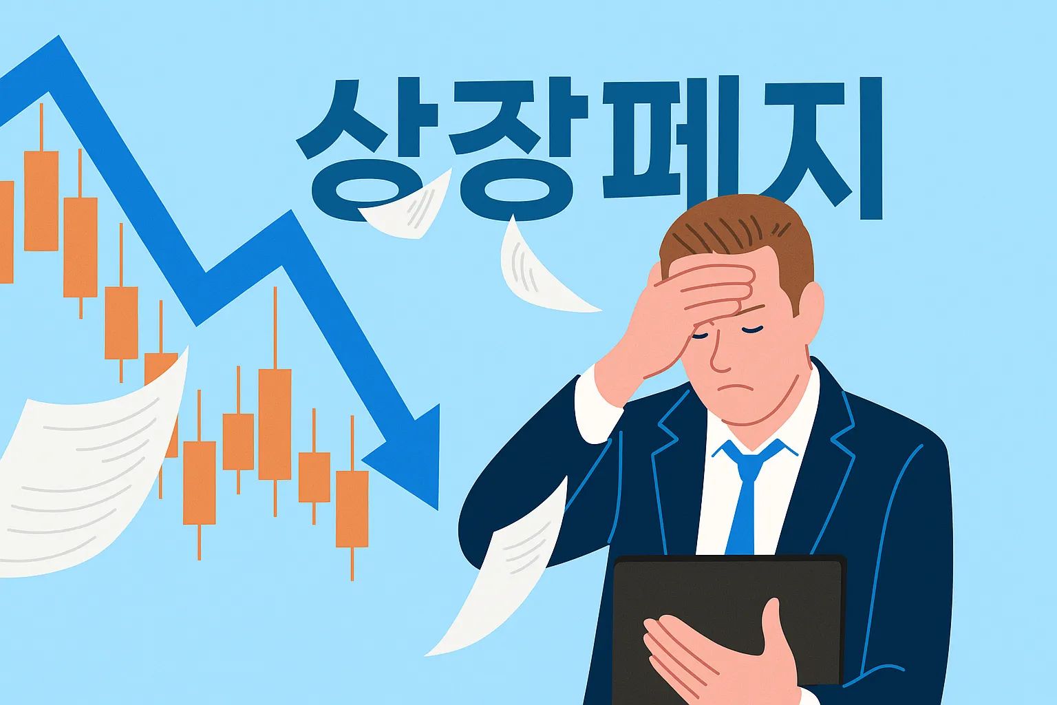 2025년 한국 주식시장 상장폐지 위험과 하락장을 걱정하는 투자자 일러스트