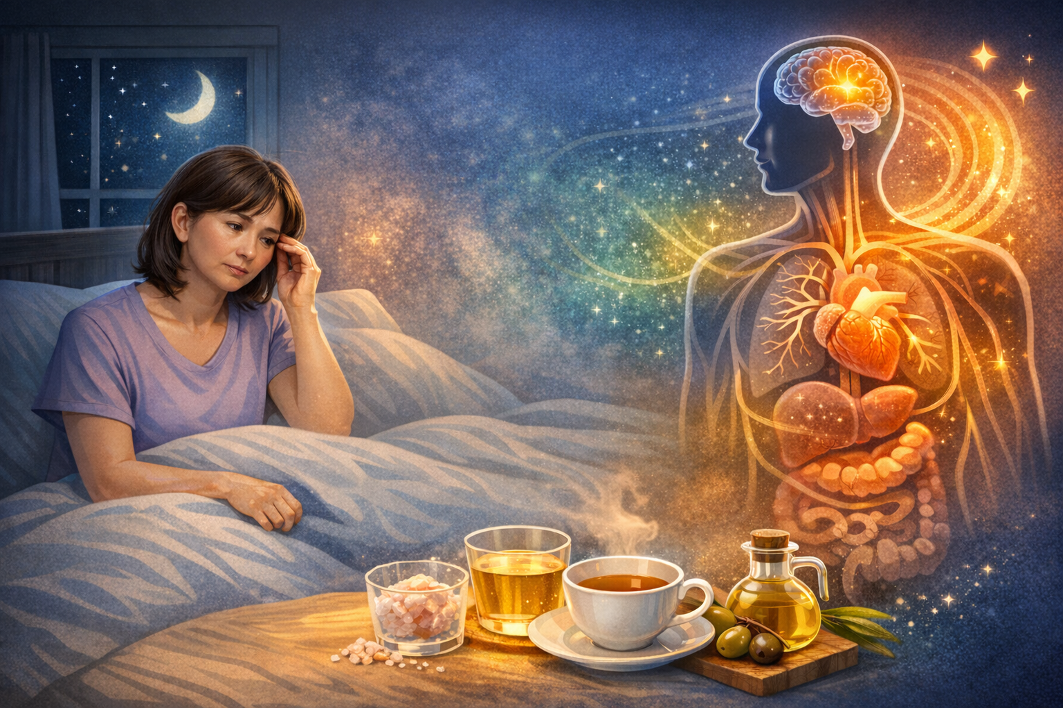 갱년기 불면증의 원인을 혈당, 전해질, 코르티솔 변화로 설명하는 일러스트