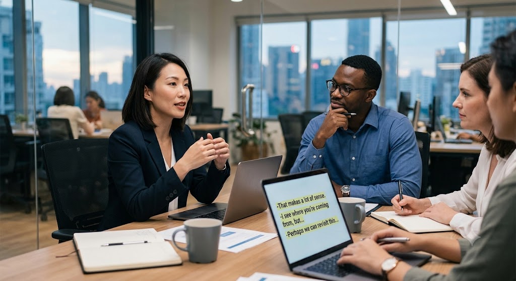 Diverse business team in a professional meeting room discussing key English expressions for agreeing, disagreeing politely, and negotiating in a workplace.