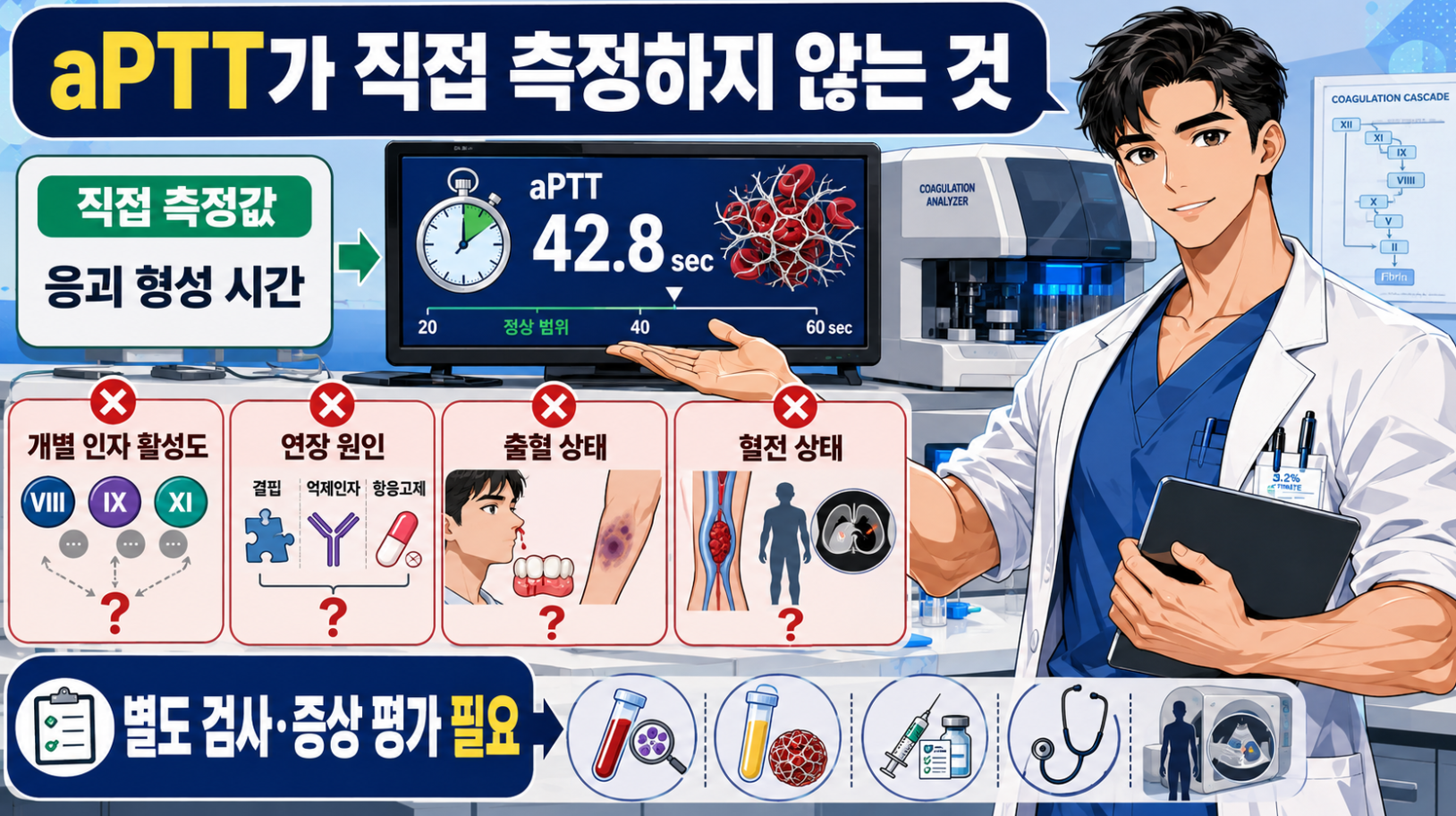 aPTT가 직접 측정하지 않는 항목과 추가 검사 필요성을 설명하는 메디컬 인포그래픽