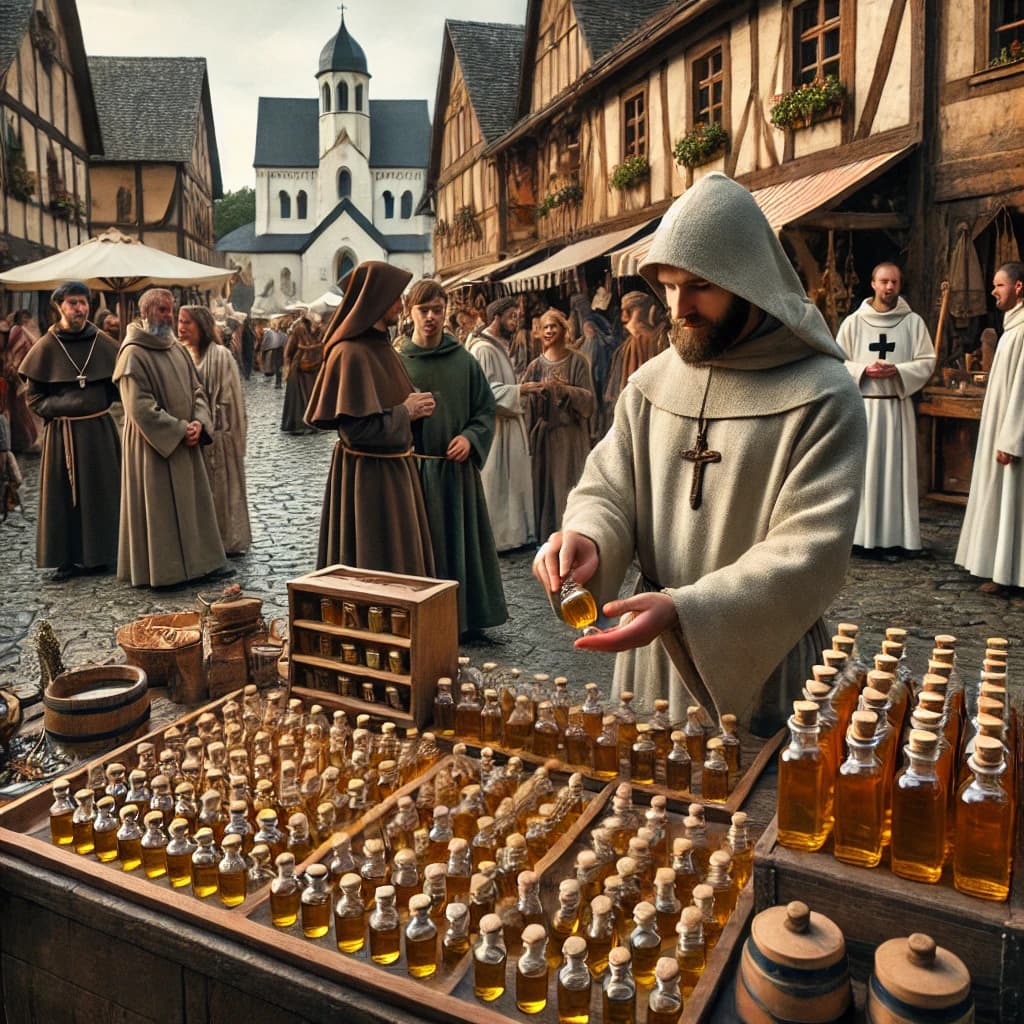 중세 유럽 성당 앞 광장에서 성유를 판매하고 있는 성유 판매자(Holy Oil Seller) 모습