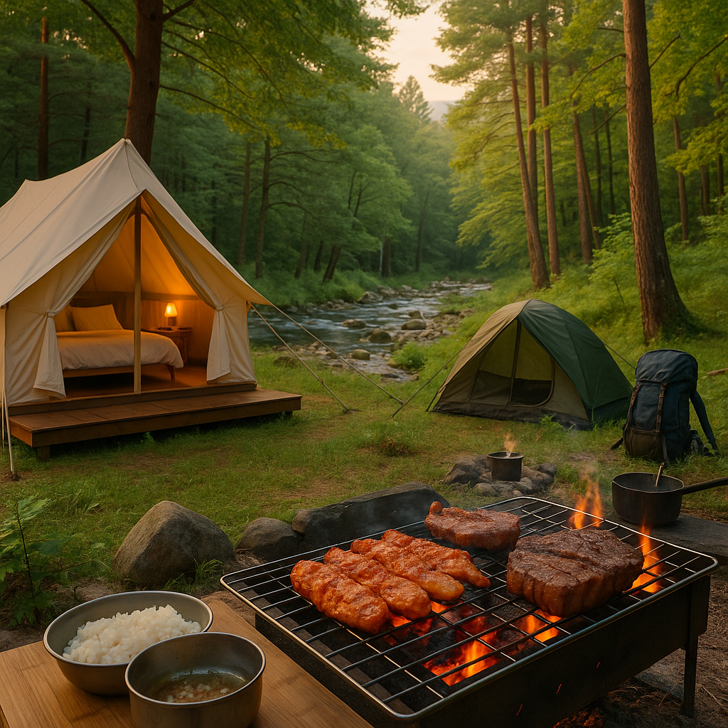 숲속 강가에 글램핑 텐트와 백패킹 텐트가 나란히 서 있고, 그 앞에서 고소한 바비큐가 익어가는 황금빛 캠핑 풍경